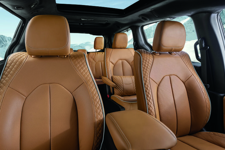 The new 2021 Chrysler Pacifica Pinnacle model offers the most luxurious interior in its class, with Caramel Nappa leather seats featuring quilted seat side bolsters and perforated seat inserts and seat backs on all three rows.