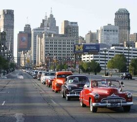 A parade of more than 100 GM classic and iconic vehicles heads up Woodward Avenue in Detroit, Michigan during the GM Century Cruise as part of the 2008 Woodward Dream Cruise Saturday, August 16, 2008. The cruise showcases classic GM cars and trucks from its first 100 years. (Photo by Jeffrey Sauger for General Motors)