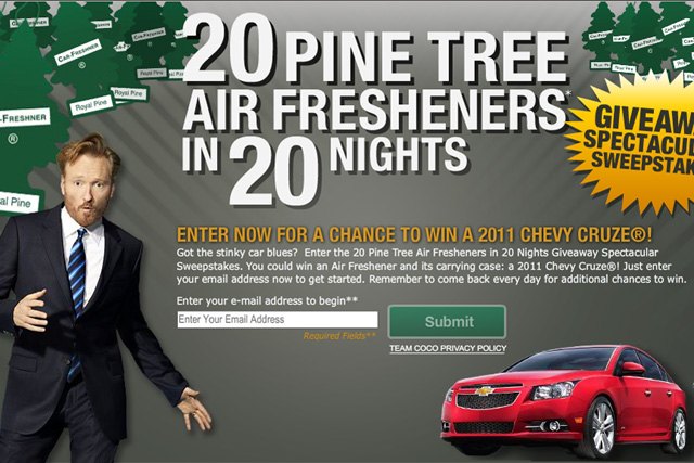 conan o brien giving away 20 pine tree air fresheners complete with chevy cruze