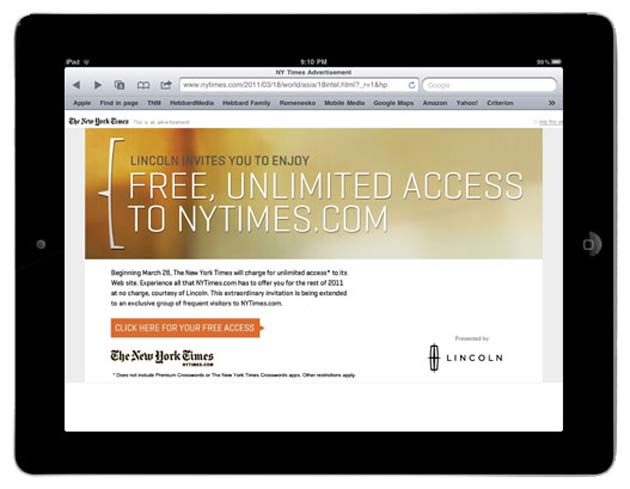 Lincoln Offers Free Access To New York Times Online Section