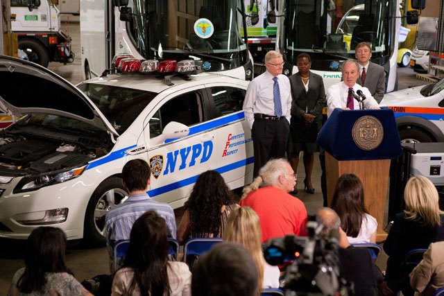 New York City Mayor Michael R. Bloomberg announces the addition of 50 new Chevrolet Volt electric vehicles to the city's fleet, Tuesday, July 12, 2011 in Woodside Queens, New York. The Volts are among (70) electric vehicles that will be used by various city agencies, including the New York Police Department and New York City…
