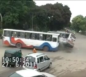 little green car narrowly escapes crashing bus sandwich video