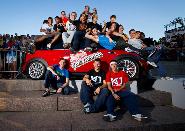 All event participants line up after the second round of competition at Red Bull Art Of Motion, held at Hart Plaza, in Detroit, USA, on 27 August 2011.