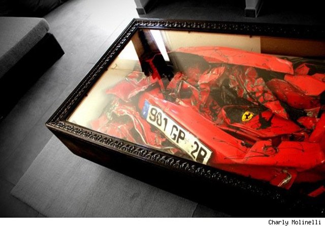 wrecked ferrari reclaimed for coffee table