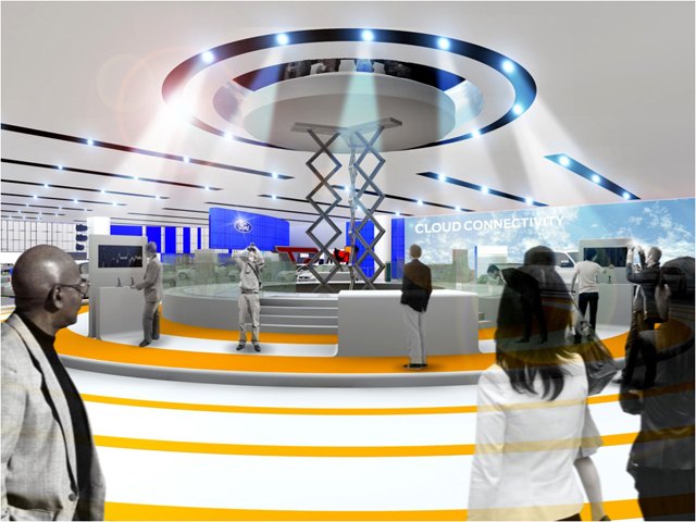 Renderings of Ford's 20-foot-tall elevator that takes show guests up into "the Cloud" for a cinema experience that showcases the future of in-vehicle technology. (low resolution image) (01/06/2012)