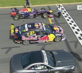infiniti red bull f1 car races mercedes sl63 v8 supercar at australian gp track