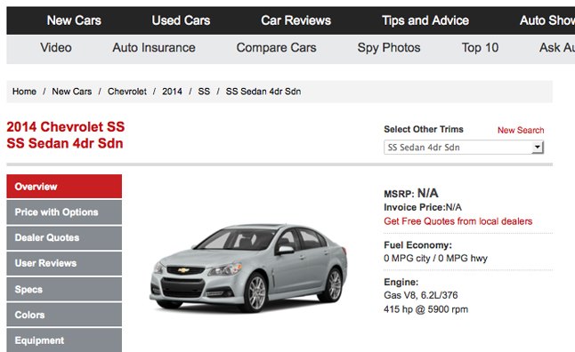 2014 chevy ss added to autoguide car shopping database