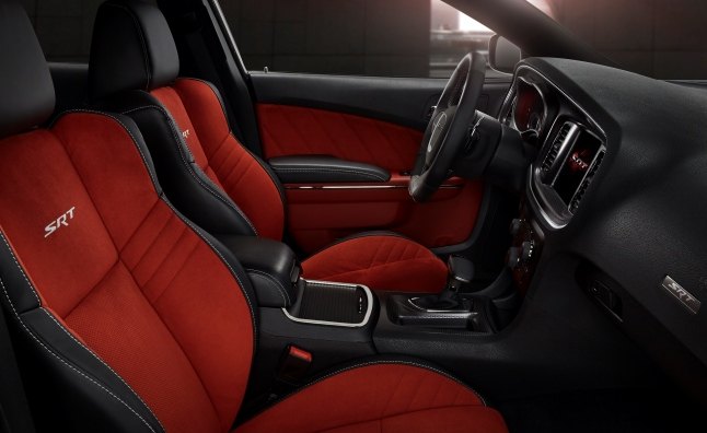 2015 Dodge Charger SRT Hellcat (shown in Ruby Red Alcantara suede/black leather) - passenger door view