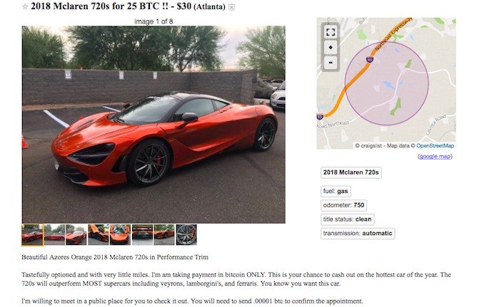 someone is selling a mclaren 720s for bitcoin