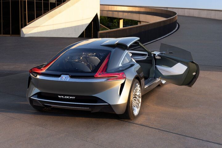 Buick Wildcat EV concept rear three-quarter with distinctive semi-swing doors that open on the passenger side.