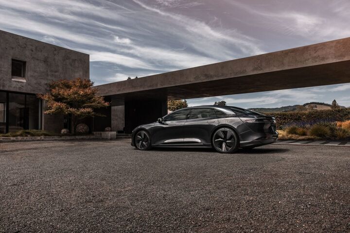 the stealth look package adds sporty dark trim to the lucid air