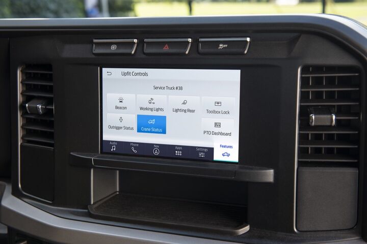 Ford Pro Upfit Integration System available spring 2023. Preproduction model shown with optional features. Available early 2023.