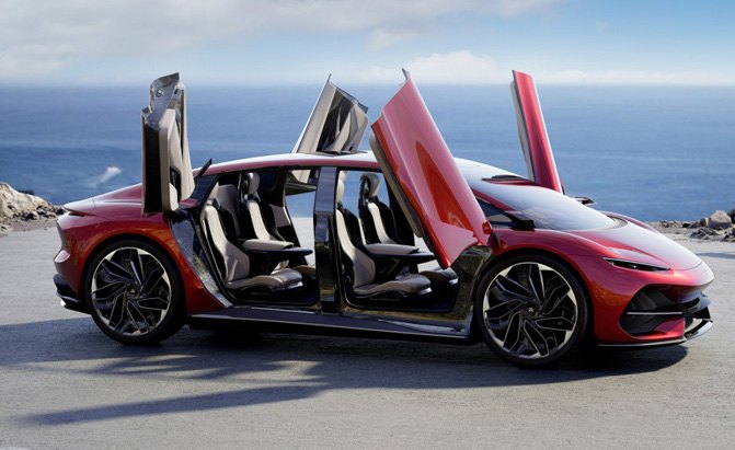 the ahera ev sedan is a supercar styled four door with 490 miles of range