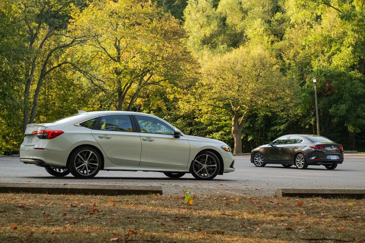 Honda Civic vs Mazda3 comparison illustration highlighting differences between compact sedans