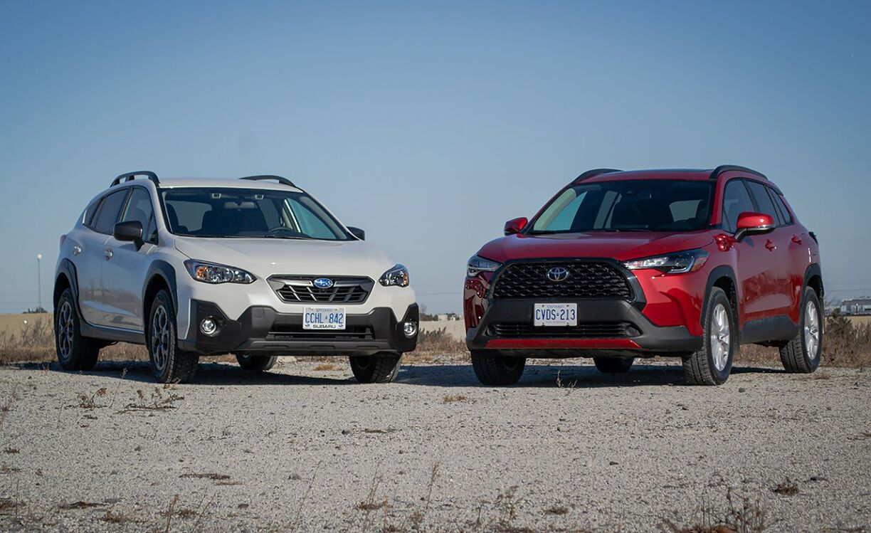 Comparison image of Toyota Corolla Cross and Subaru Crosstrek side by side
