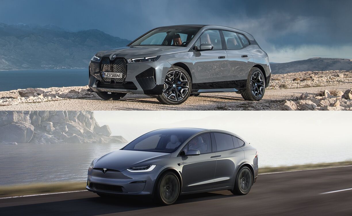 BMW iX vs Tesla Model X comparison image highlighting electric luxury SUV styling