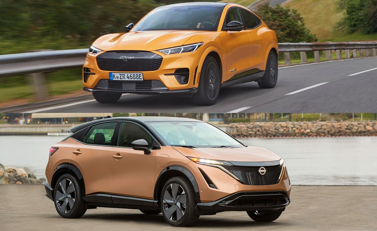 2026 Nissan Ariya showcasing its sleek, aerodynamic design with illuminated V-motion grille and teardrop roofline