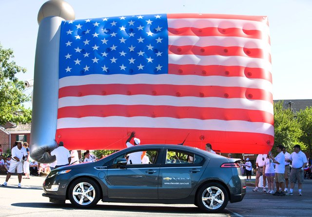 The Chevrolet Volt aFreedom Drivea across the country continues in Fairfax, Virginia Saturday, July 3, 2010 as the Volt participates in the annual Independence Day Parade. The Volt, an electric vehicle with extended range. will finish its four-day, 1,776 mile route in New York City on Sunday. (Photo by Mark Finkenstaedt for Chevrolet)