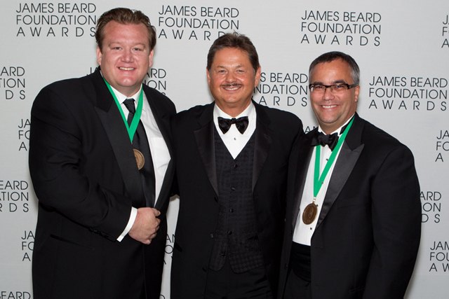 Chef Michael White (pictured left) and restaurateur Chris Cannon (pictured right) of Marea in NYC, were awarded the James Beard Foundation Award for Best New Restaurant by Ernst Lieb, president and CEO of Mercedes-Benz USA (pictured center).