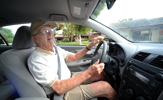 fl-older-drivers-b, west of Boynton Beach, 1/26/2011 — Portrait of Morry Wasserman, who at 93-years-old, still drives every day and says he has never had an accident, drives away from his home west of Boynton Beach. Sun Sentinel, Mark Randall