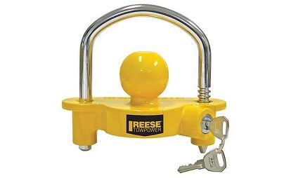 With its bright-yellow finish the Reese coupler lock tells potential thieves to look elsewhere. Photo credit: Amazon.com. 
