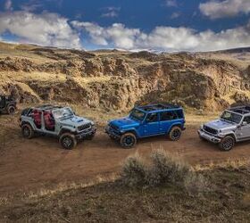(Left to right) New 2024 Jeep(R) Wrangler Willys, Wrangler Rubicon 392, Wrangler Rubicon X 4xe and Wrangler High Altitude 4xe