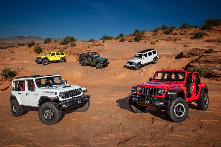 2024 Jeep(R) Wrangler lineup (clockwise from bottom): Wrangler Rubicon 392, Wrangler Rubicon X 4xe, Wrangler Willys 2-door, Wrangler High Altitude 4xe and Wrangler Rubicon 4xe with JPP 2-inch lift kit