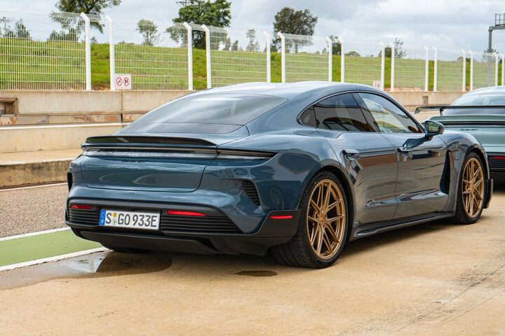 Another shot of the 2025 Porsche Taycan Turbo GT in Pae Blue Metallic ready to hit the race track