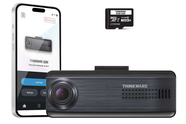 The Thinkware Q200 camera is a slim rectangle that comes with a 32GB SD card for recording. Up to a 256 GB card can be used.