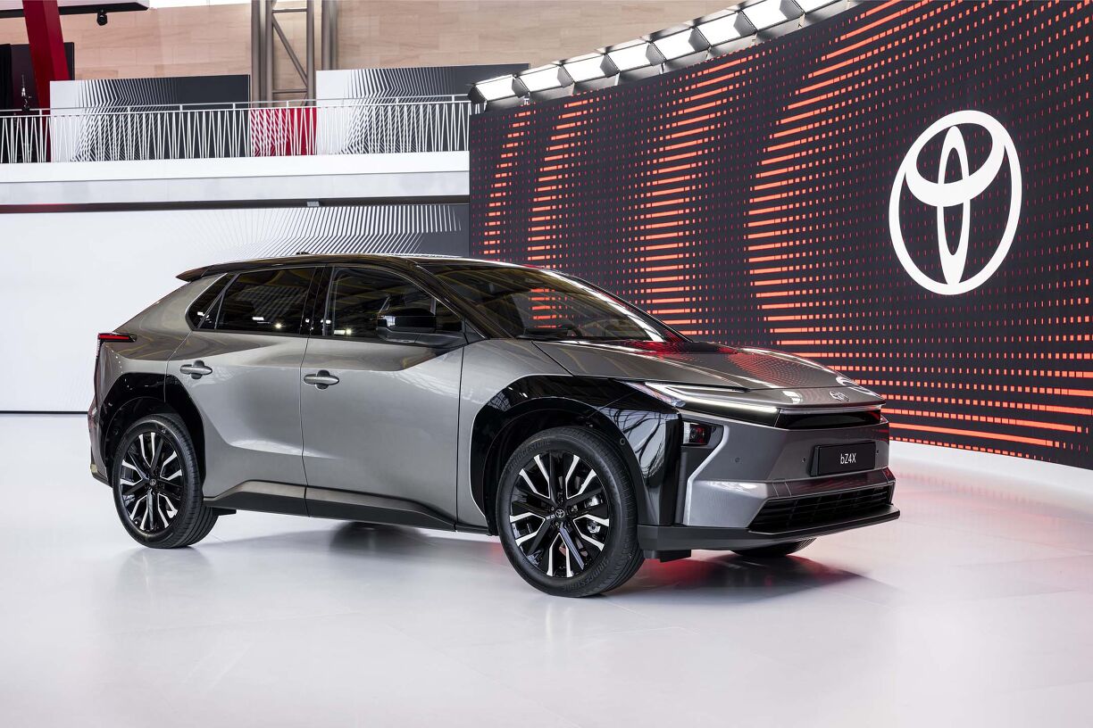2026 Toyota bZ4X front three-quarter view showcasing its sleek, aerodynamic design and modern lighting signature