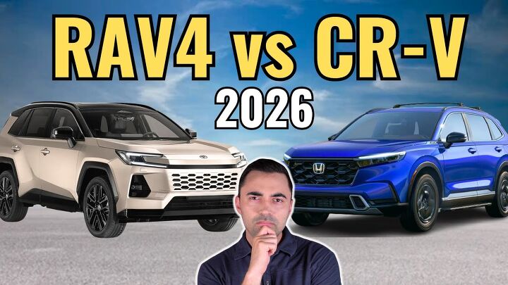 A side-by-side comparison of a 2026 Toyota RAV4 and Honda CR-V, highlighting their boxy silhouettes and rugged designs
