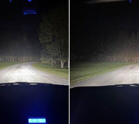 With the new Scoparc S7S series headlight bulbs installed, here’s what we see with the low beams (left) and the high beams (right).