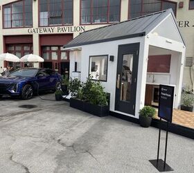 GM's pop-up PowerHouse outside the Empower event at San Francisco's Pier 2. The tiny home is run entirely by the Cadillac Lyriq parked beside it.
