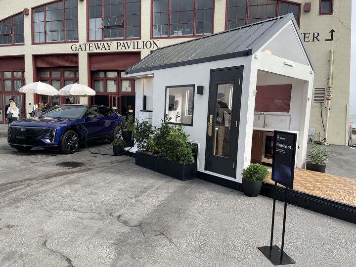 GM's pop-up PowerHouse outside the Empower event at San Francisco's Pier 2. The tiny home is run entirely by the Cadillac Lyriq parked beside it.